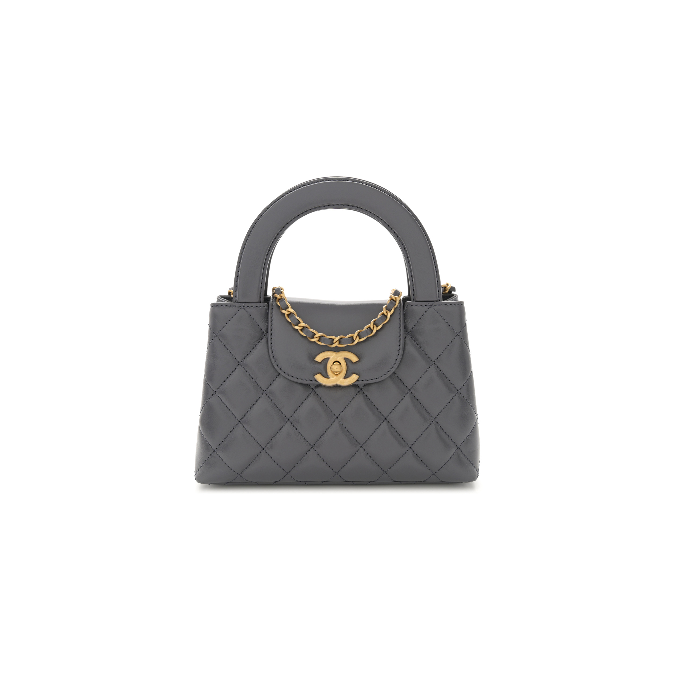 CHANEL MASTER KELLY BAG QUILTED GREY SHINY CALFSKIN GOLD HARDWARE  (19*13*7cm)